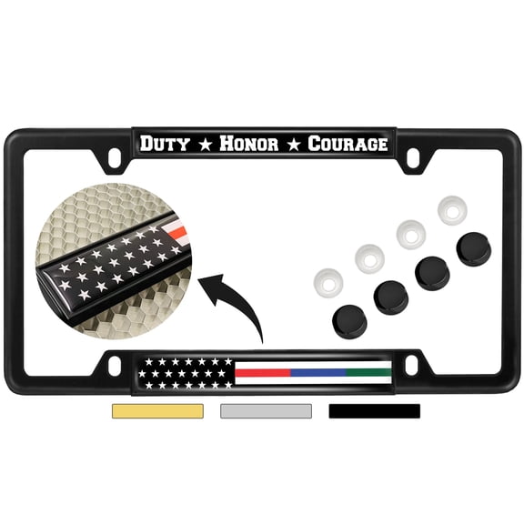 First Responders - Law Enforcement, Police, Military and Fire Thin Line (Stripe) USA American Flag - Domed Narrow Top 4 Hole Metal Car License Plate Frame with Free caps - Black (Quantity: 1 Frame)