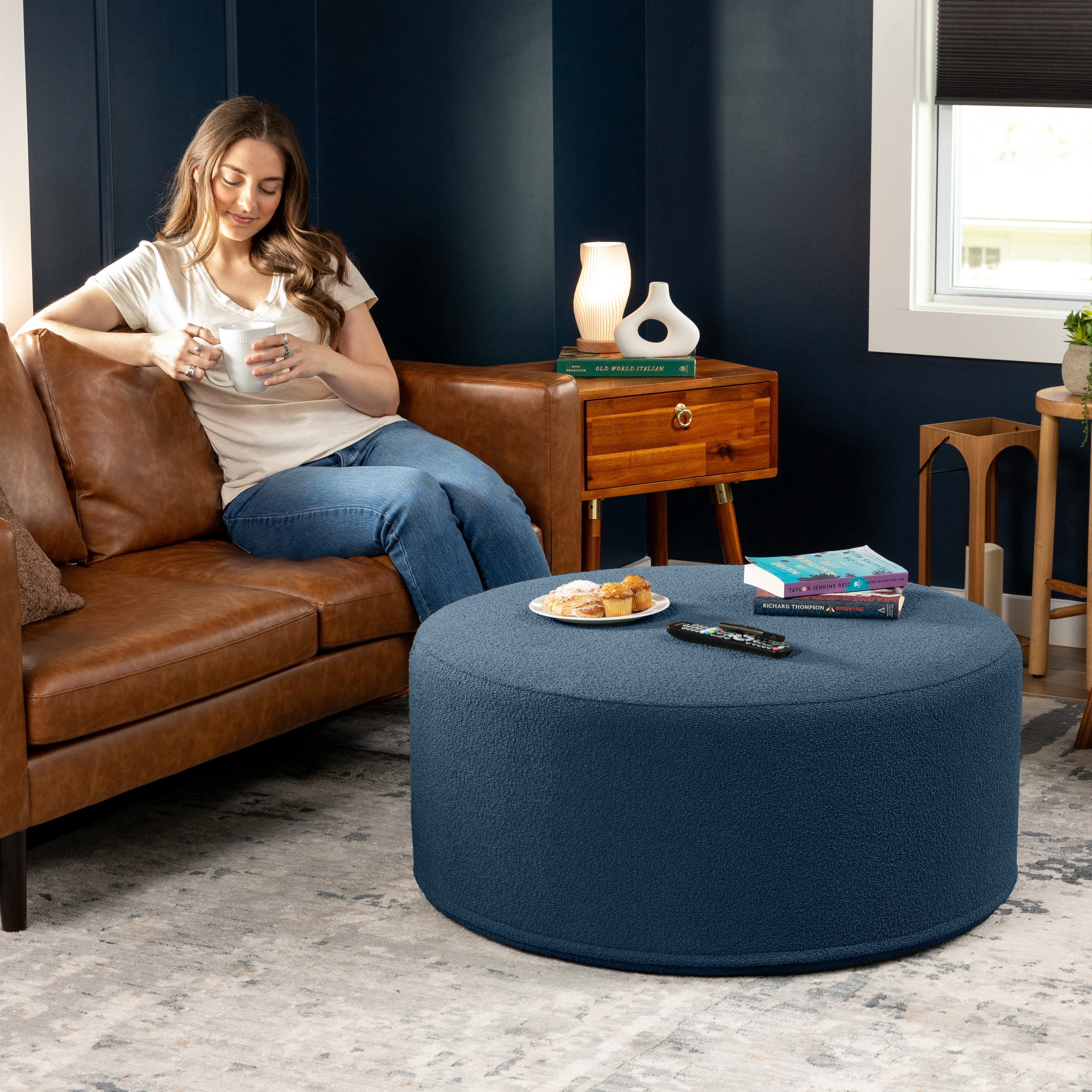 Jaxx Candler Round Coffee Table Ottoman, Large, 36-Inch, Boucle Navy