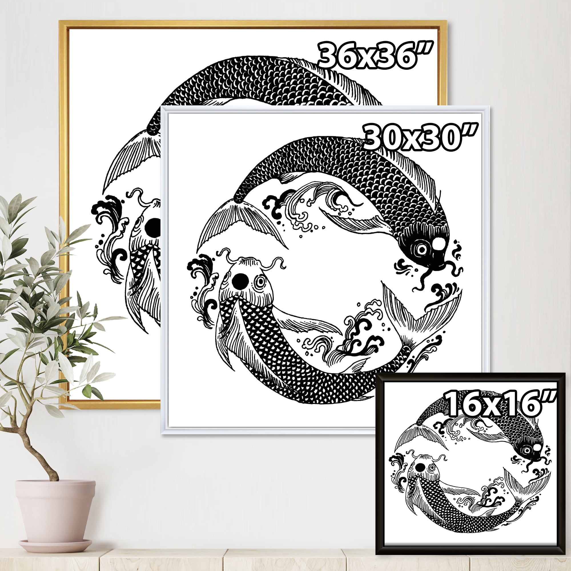 Designart 'China Koi Fish In Chinoiserie Style III' Nautical & Coastal Framed Canvas Wall Art Print