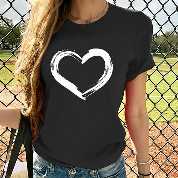 Oalirro Women's Tops, Tees & Blouses Valentine's Day Gift Women Short Sleeves Heart-shaped Print Casual Tops Blouse T-shirt Black