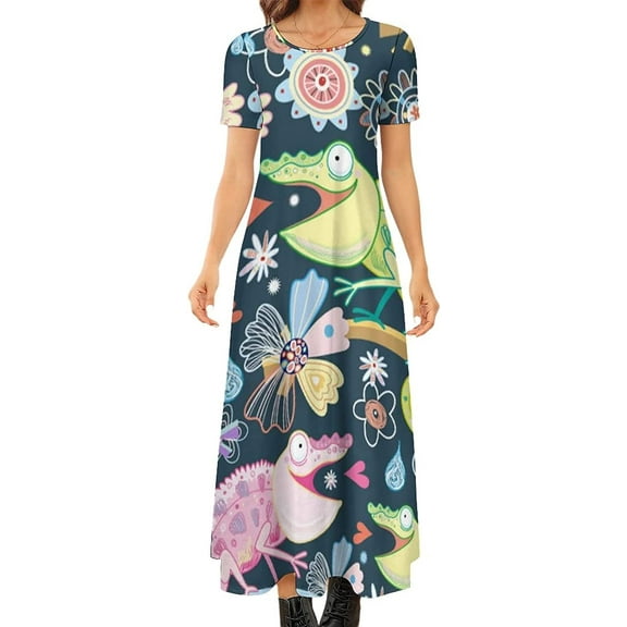 Cartoon Lizard Women's Short Sleeve Crewneck Dress Casual Long Maxi Dresses