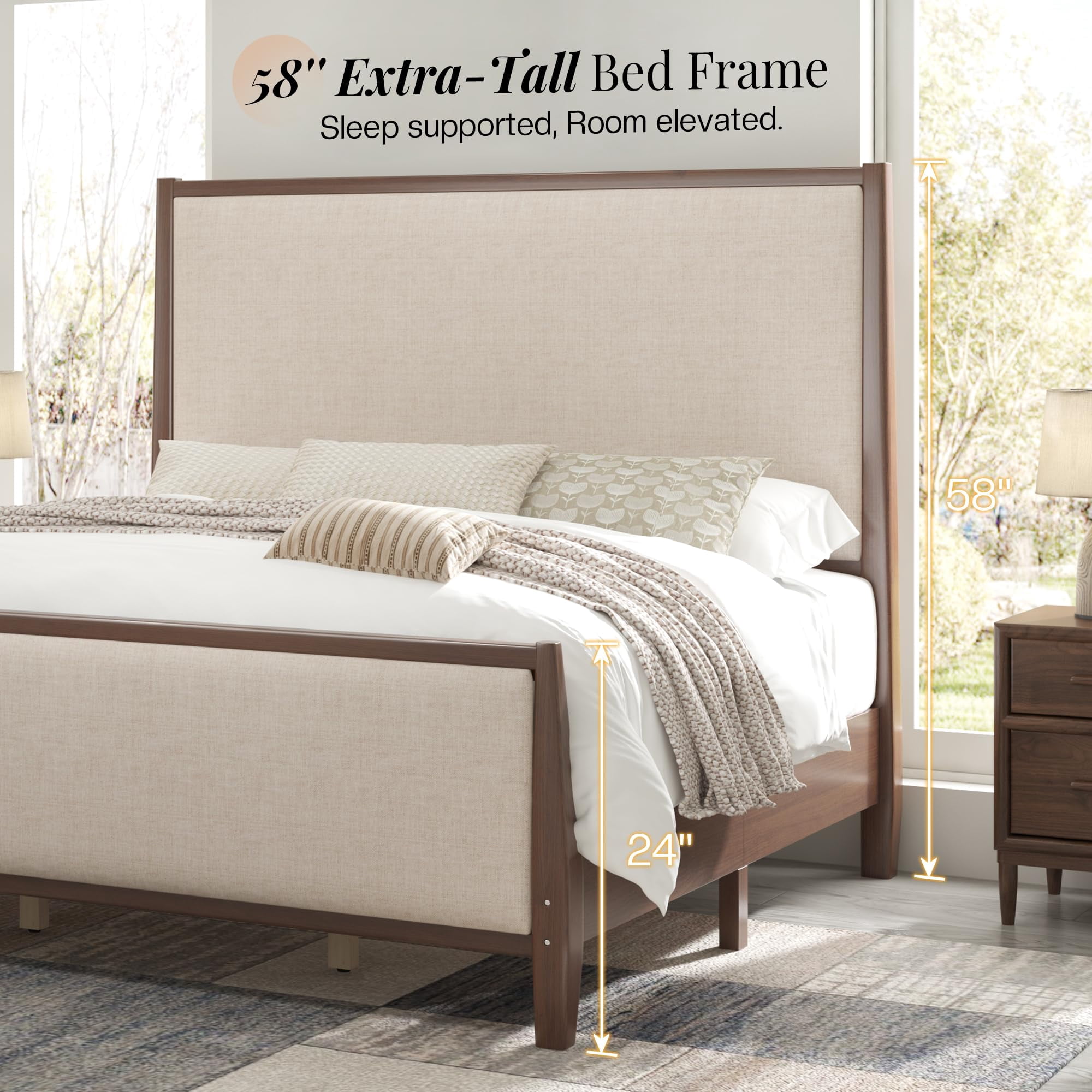 Amerlife 58" Tall Solid Wood California King Size Bed Frame with Upholstered Headboard & Footboard, No Box Spring Needed, Dark Walnut