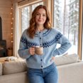 thumbnail image 4 of Women's Crew Neck Button Down Cardigan Sweater Fair Isle Snowflake Pattern Soft Knit Color Block Outerwear for Fall Winter, 4 of 7