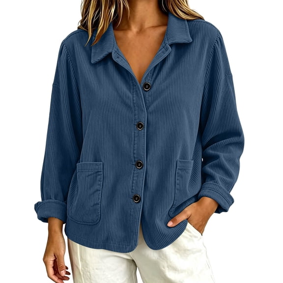 uublik Corduroy Jacket Women Navy Button Front Lightweight Classic Casual Outerwear with Pockets