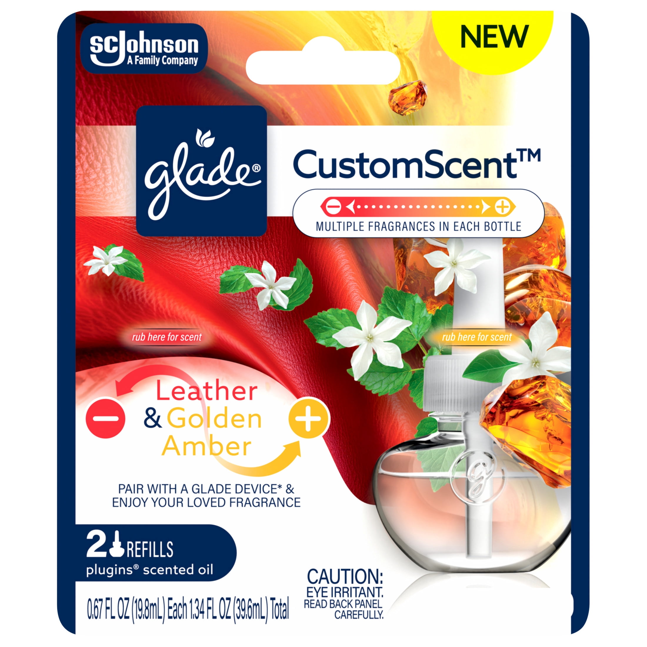 Glade® PlugIns® Refills with CustomScent Technology, Leather & Golden Amber, 2 Refills