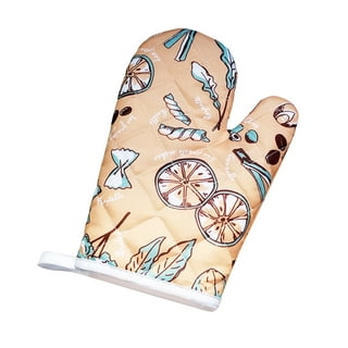 Heat resistant oven mitts blue cotton printed with charming cicadas