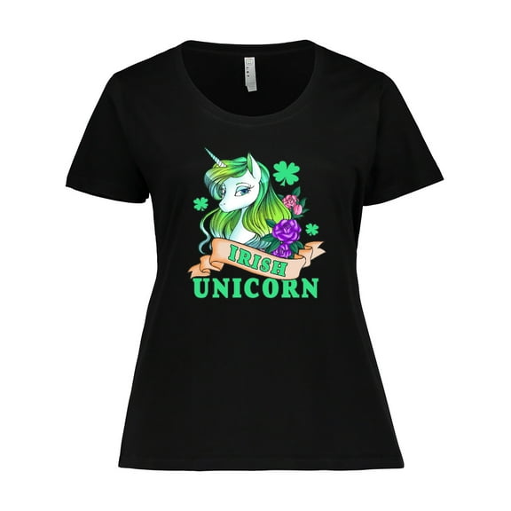 Inktastic St Patricks Day Irish Unicorn Illustration with Shamrocks Women's Plus Size T-Shirt
