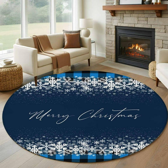 Merry Christmas Round Rug 5ft Washable Circle Kitchen Rugs Non Slip Winter Holiday Xmas Snowflake Blue Plaid Large Area Rug Indoor Floor Carpet for Bedroom Living Room Home Office Dining Room Nursery