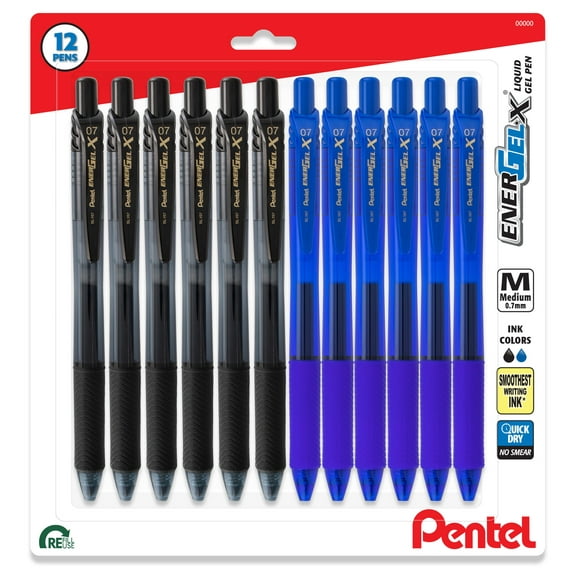 Pentel EnerGel X Retractable Liquid Gel Pen, 0.7mm, 12 Pack, 6 Black Ink and 6 Blue Ink Pens