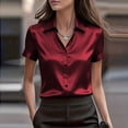 thumbnail image 2 of Liweisiy Women's Stain Silk Blouse Collared Short Sleeve Button Down Shirts Summer Dressy Bussiness Office Tops Wine L, 2 of 6