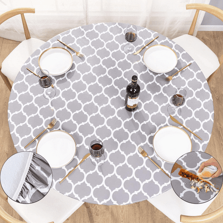 

UMINEUX Round Fitted Vinyl Tablecloth with Elastic Edged & Flannel Backing Fits Tables up to 40 -44 Diameter (Gray Moroccan)