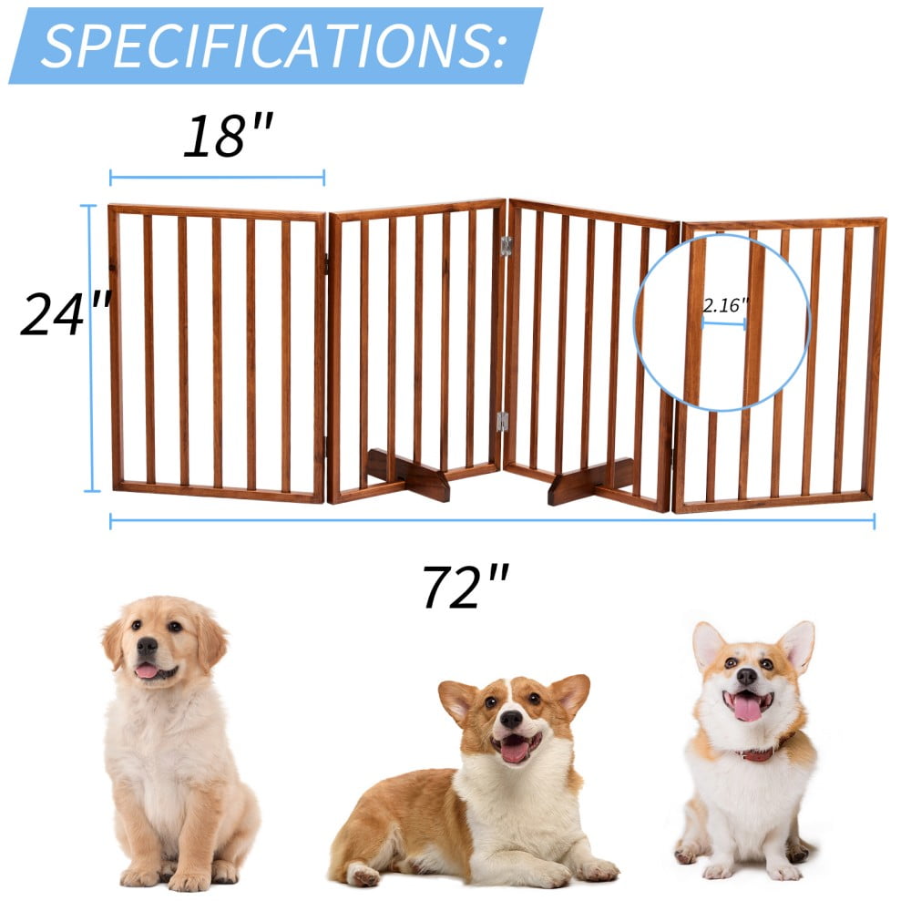 IVV 24" H Freestanding Pet Gate, 4-Panel Wooden Dog Fence with 2 Support Feet, Folding Dog Gate for Indoor, Stairs, Doorway, Halls, Kitchen Pet Barrier, Brown