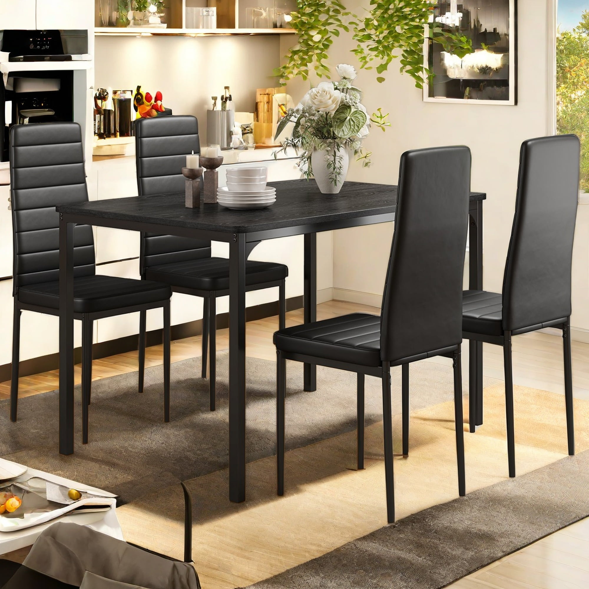 Dining Table Set for 4,Lofka 5 Pieces Wooden Kitchen Table with PU Leather Chairs Set for Living Room&Small Spaces,Black