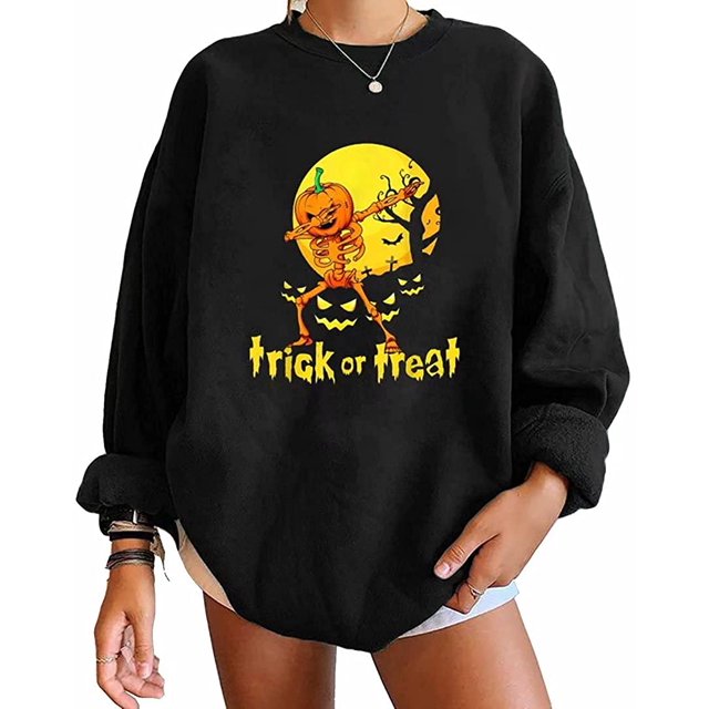 Pullovers d'Halloween pour Femmes Manches Longues Chandails en Molleton Squelette Drôle Citrouille