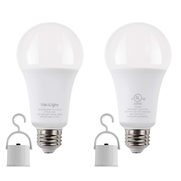 HouLight 5W Rechargeable Emergency LED Light Bulbs with Back Up Battery for Power Outage, Camping, Hurricane, Disaster Planning, 40W Equivalent, UL Certified (5000K Daylight White, 2-Pack)