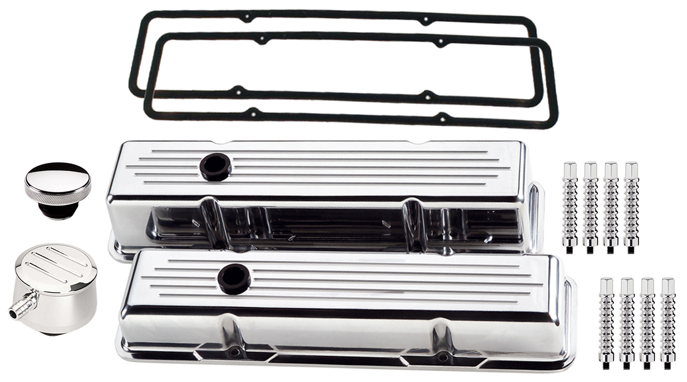 NEW BILLET SPECIALTIES SBC SHORT POLISHED ALUMINUM VALVE COVER SET WITH BALL MILLED COVERS WITH
