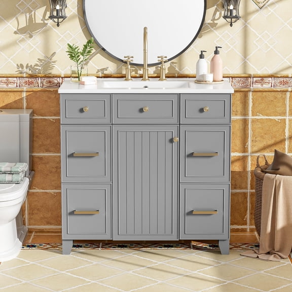 36" Solid Wood Gray Bathroom Vanity with Ceramic Sink - Golden Handles, Soft Close Doors, 3 Drawers