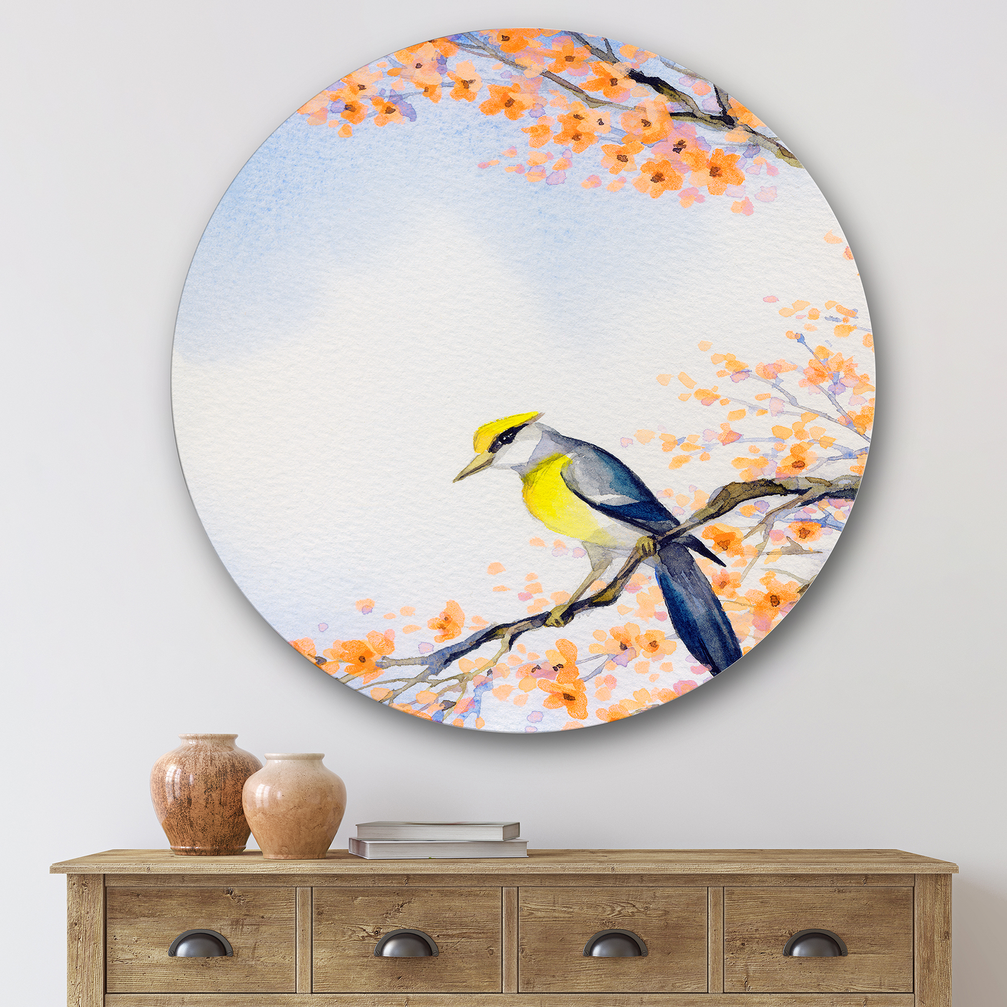 Designart 'Beautiful Blue Bird Sitting On Flowering Branch II' Traditional Circle Metal Wall Art 29x29 - Disc of 29