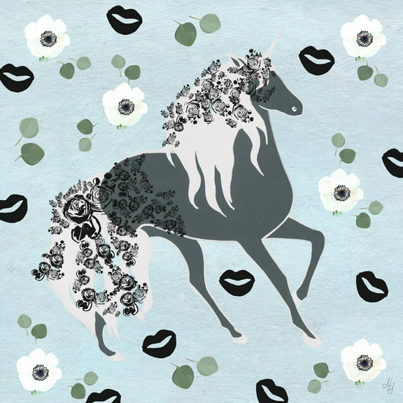Marmont Hill Black Floral Unicorn Canvas Wall Art
