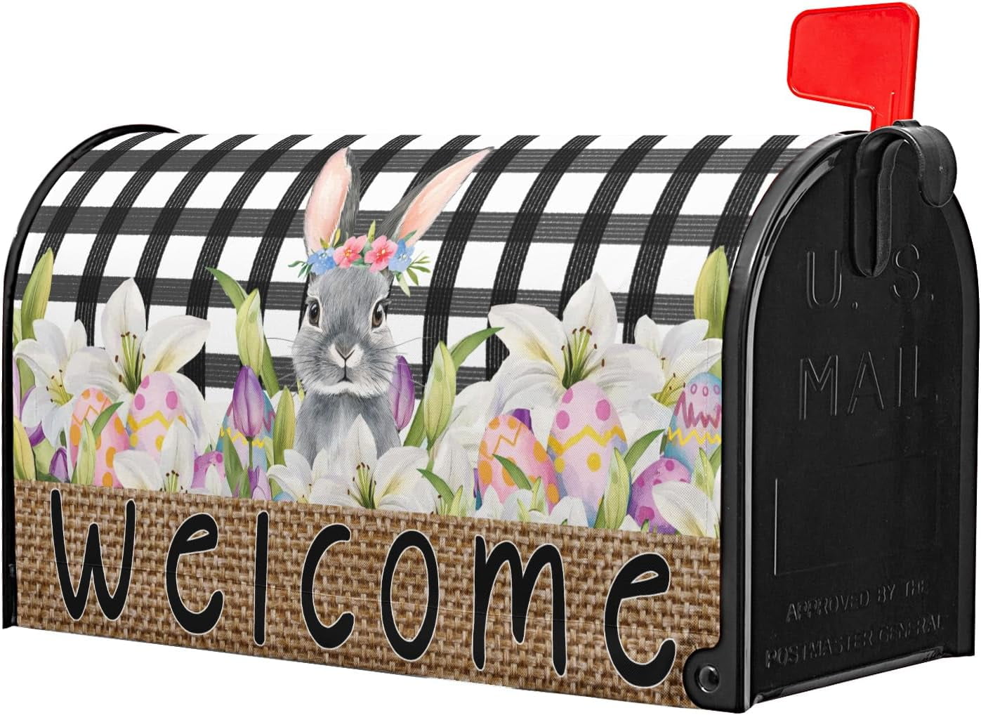 Welcome Easter Mailbox Cover Magnetic Standard Size 21x18 Inch Spring Rabbit Buffalo Plaid Check Decorative Post Letter Box Wrap Bunny and Egg Postbox Covers for Garden Yard Outdoor