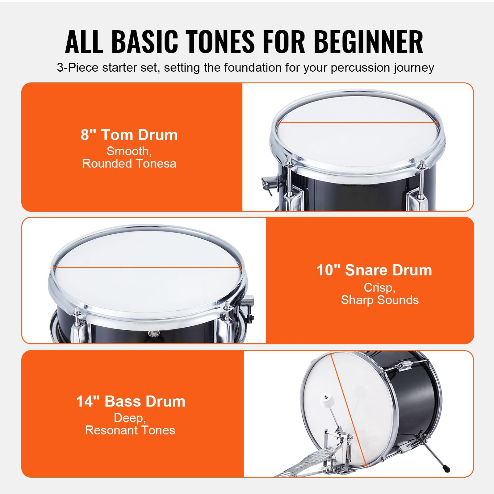 14" Drum Set, 3-Piece Beginner Kit with Adjustable Throne, Cymbal, Pedal&Drumsticks, Perfect Starter Drum Set for Children, Black