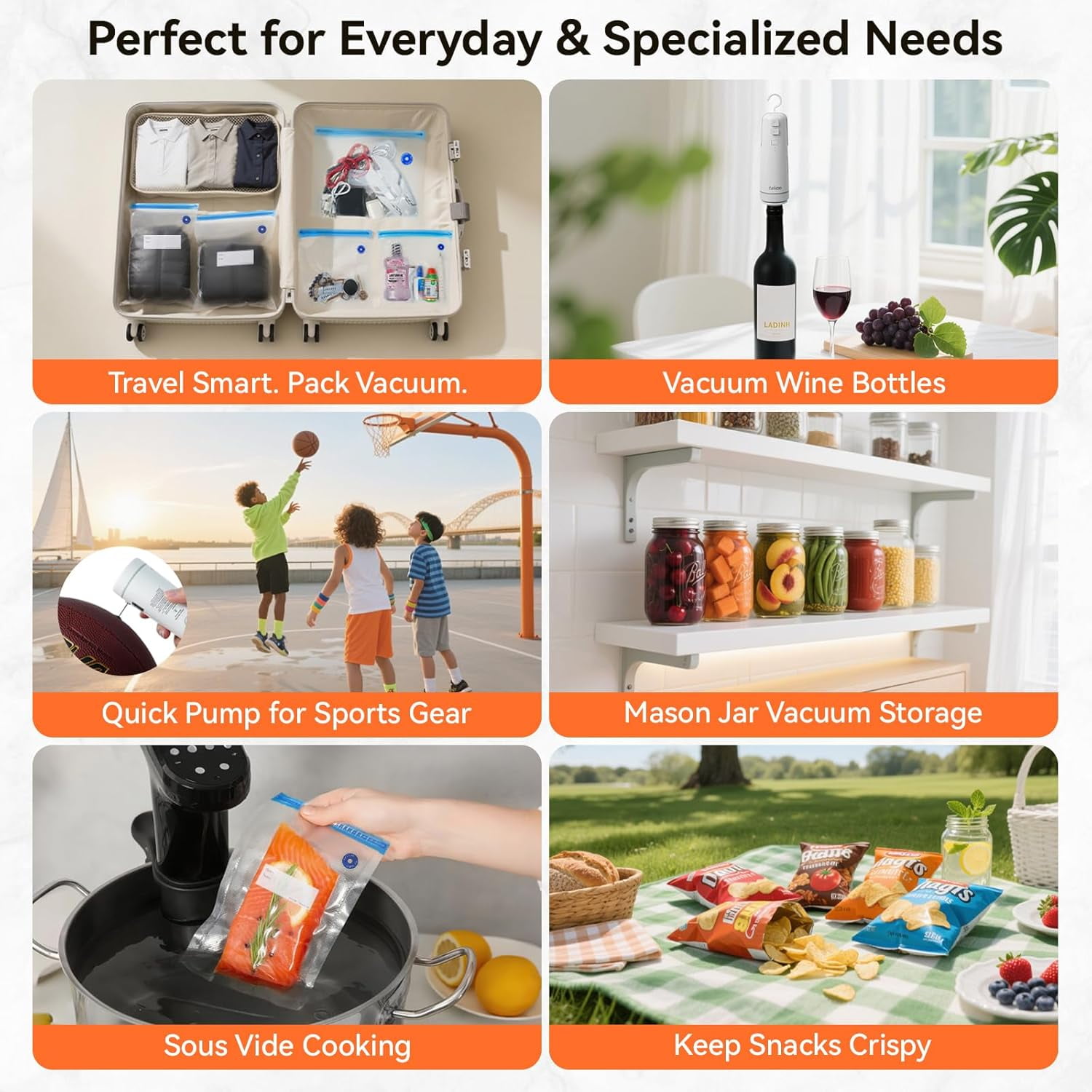 takoo 4-in-1 Portable Cordless Vacuum Sealer for Dry/Moist Food Storage with 4 Vacuum Bags, Heat Sealer for Chip Bags, Inflation Pump for Balls/Swim Ring