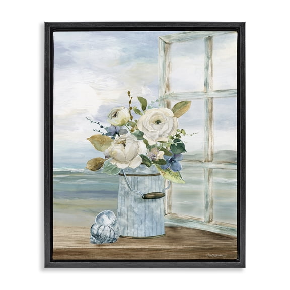 Stupell Industries Traditional Seaside Florals on Windowsill Black Floating Frame Canvas Art, 17 x 21, by Carol Robinson