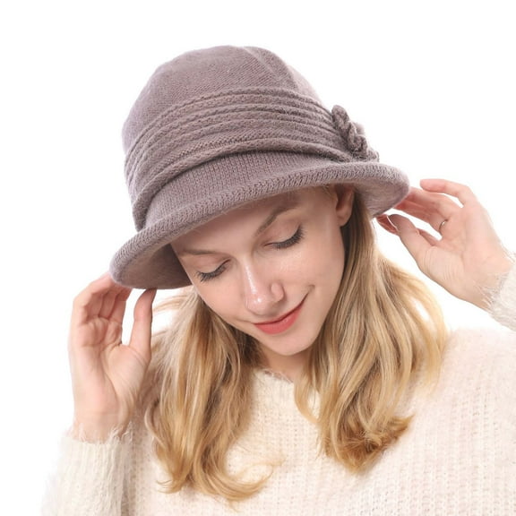 Dyfzdhu Fedora Hats for Women Elegant Flower Fall Winter Knitted Bucket Hat Khaki