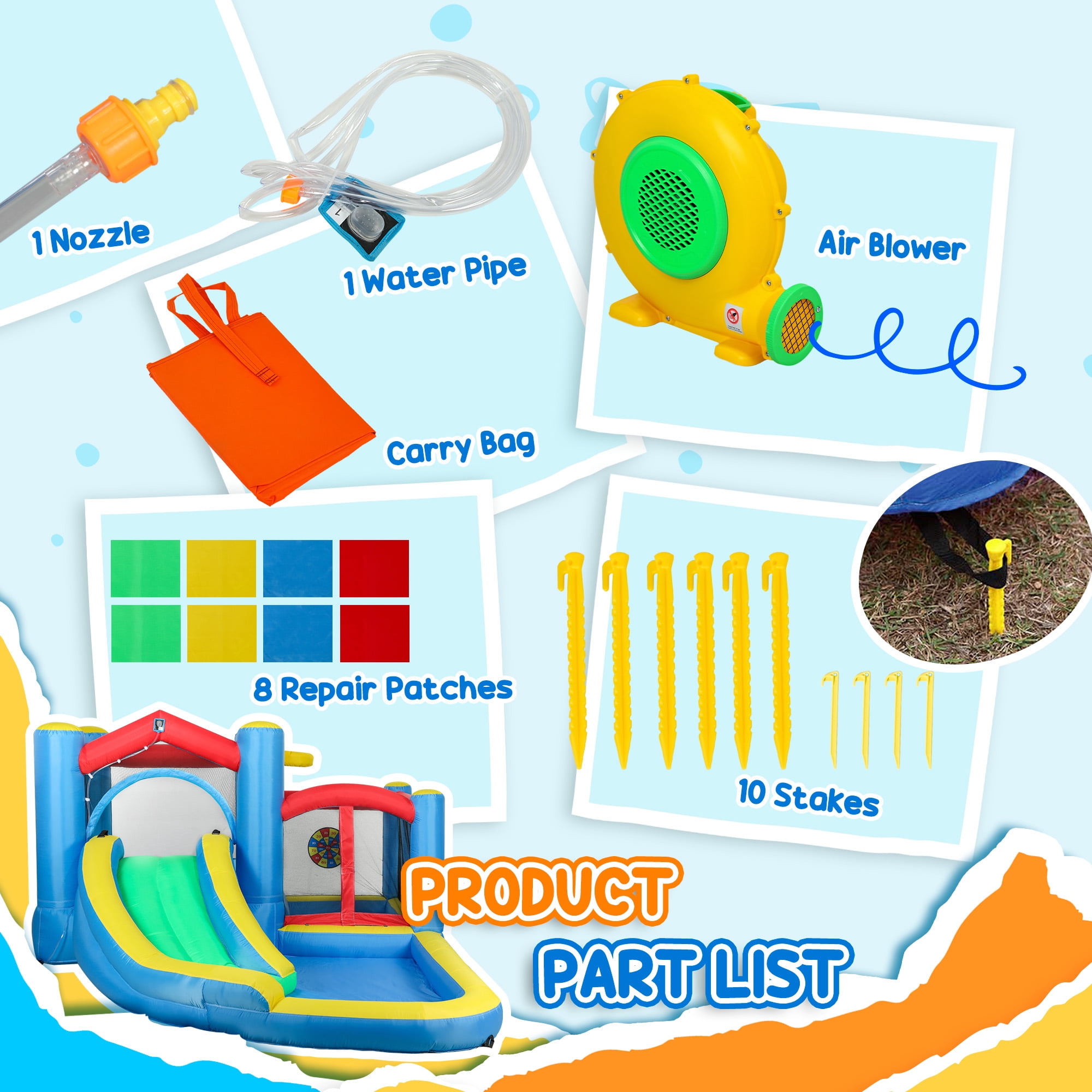 Qaba Inflatable Water Slide, Water Bounce House for Kids Outdoor Fun with Large Trampoline, Splash Pool, 550W Blower, Basketball Hoop, Dart Board