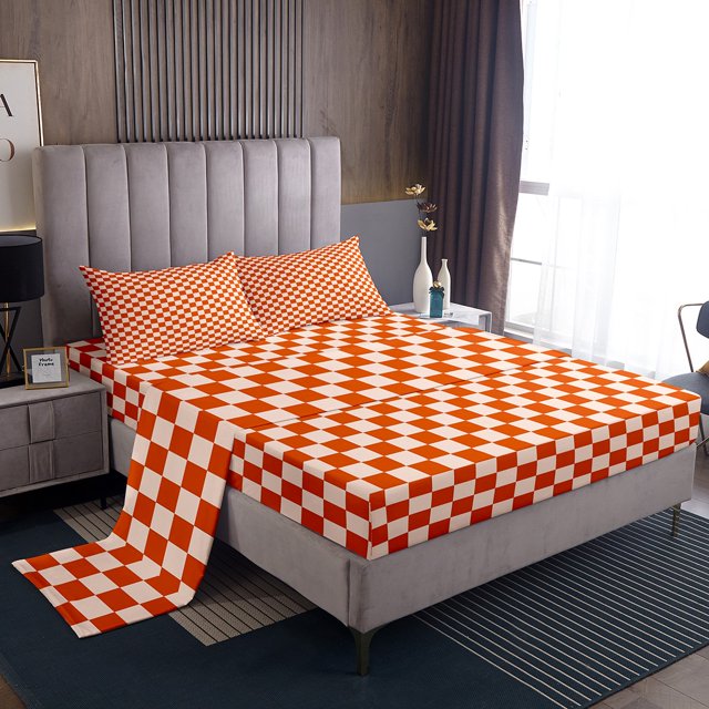 Erosebridal Orange Buffalo Queen Sheet Sets, Checkered Bedding Queen Size, Rectangle Room Decor, 4pcs