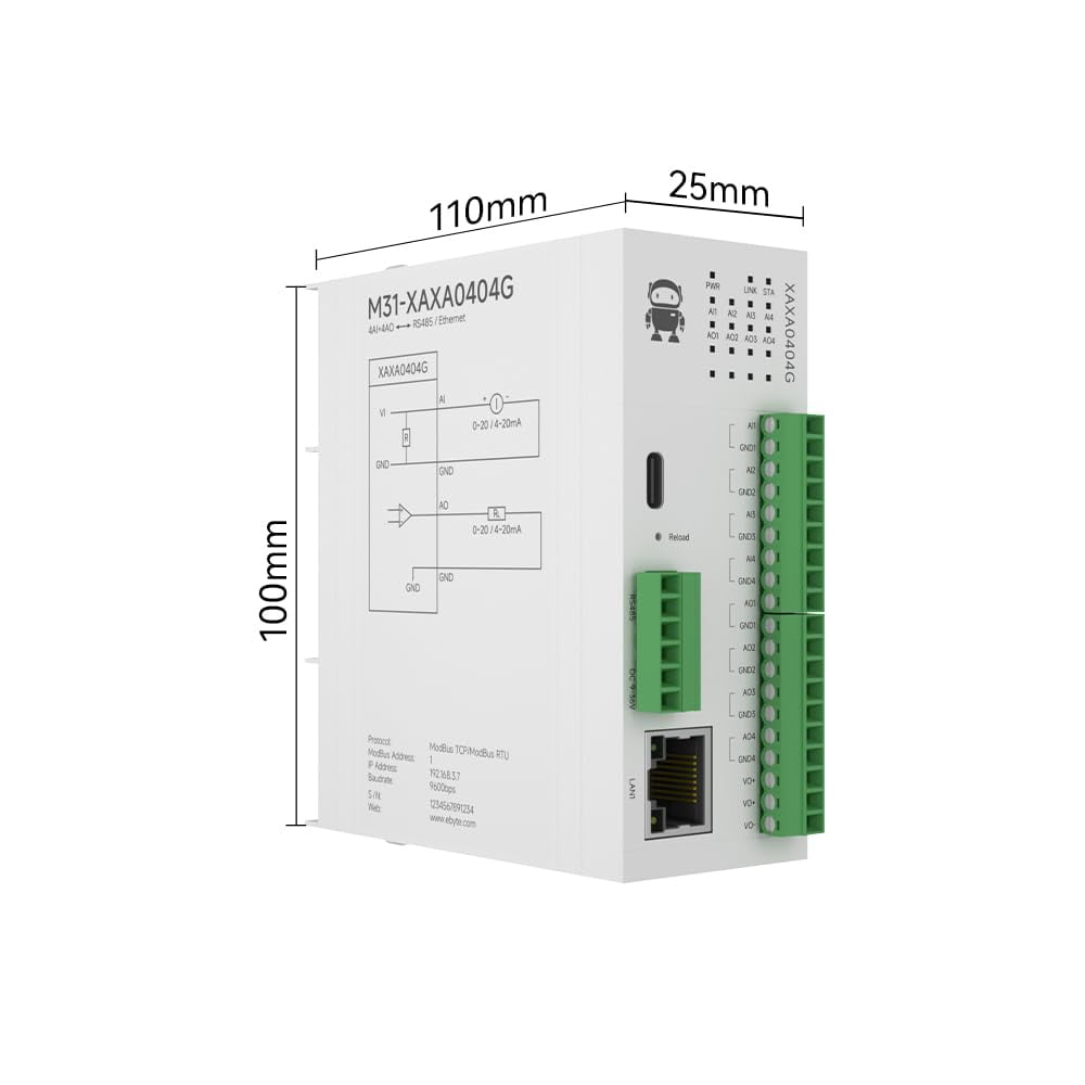 4AI+4AO Switching Analog Remote IO Module RS485 Ethernet 0-20mA/4-20mA M31-XAXA0404G Modbus Easy Expansion DC 9-36V