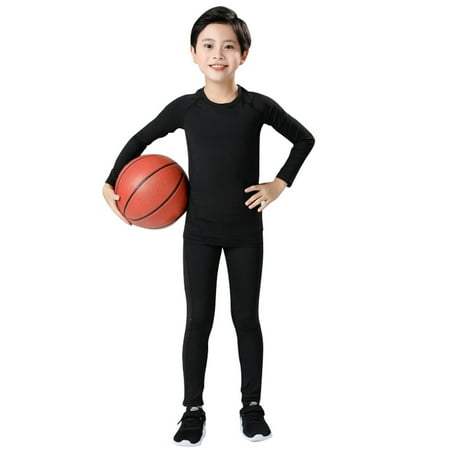 KONDYS Boys 2 Pieces Summer Outfits Base Layer Athletic Compression Leggings Shirts Thermal Underwear Running Pants Tights Summer Beach Outfits Size 6-7Y
