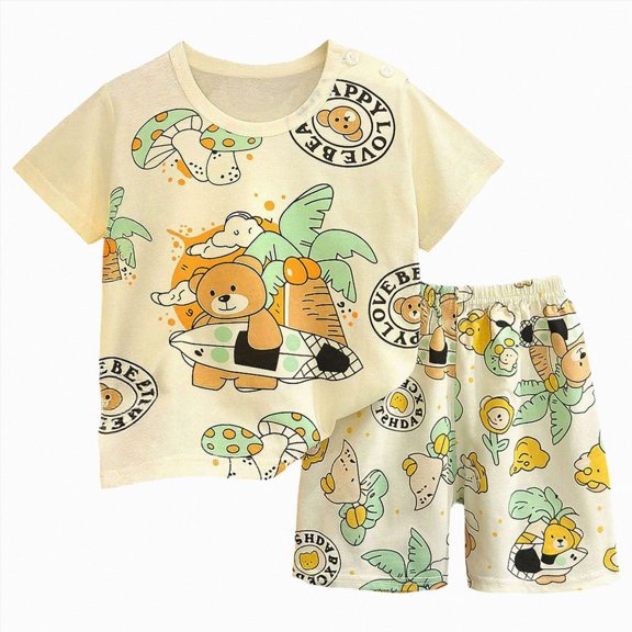 Kogui Boys Toddler Clothes Infant Toddler Baby Boy Summer Clothes Tractor Short Sleeve Tops T Shirt and Shorts Summer Outfits Clothing Set 3 6 9 12 18 24 Months 2T 3T 4T 5T 6T 7T (Beige,12-18 Months)