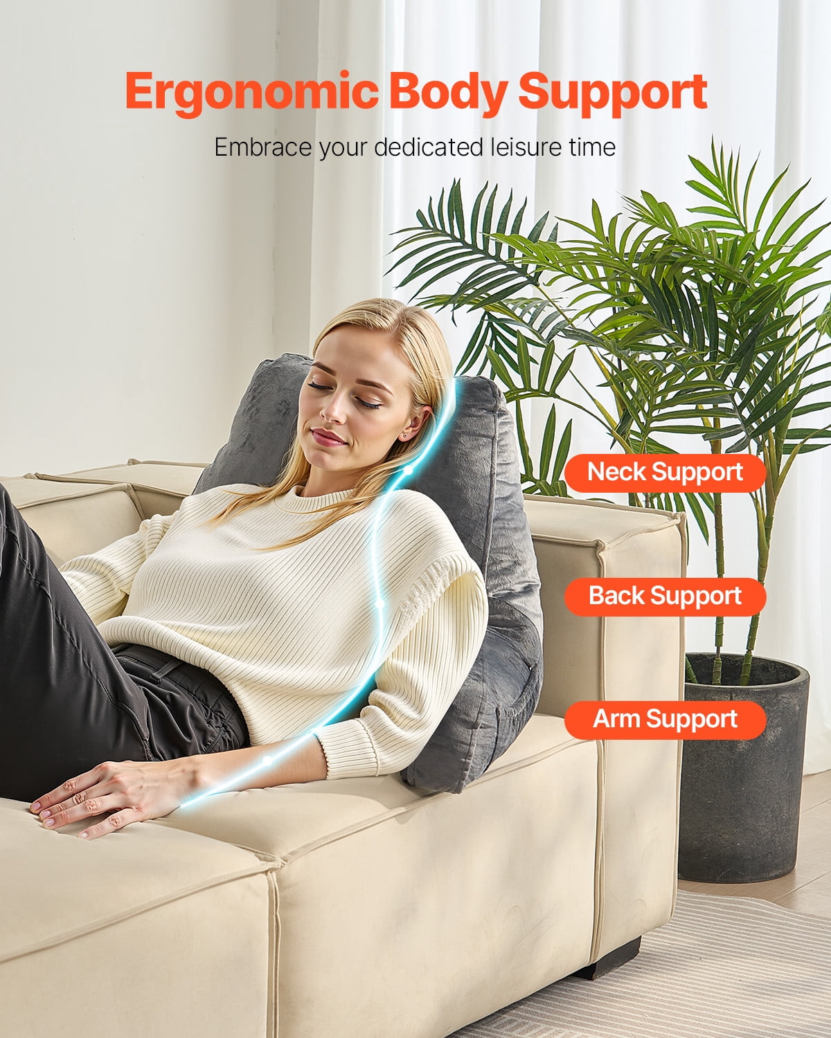 VEVOR Reading Pillow, Standard Size Bed Pillow with Shredded Memory Foam, Back Pillow with 3 Pockets and Washable Short Velvet Cloth, Top with Handle, for Watching TV, Reading, Gaming, Resting, Grey