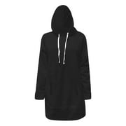 SNKSDGM Women Winter Solid Oversized Longline Hoodie Tunic Long Sleeve Drawstring Sweatshirt Dress With Side Pockets & Side Slits Black L