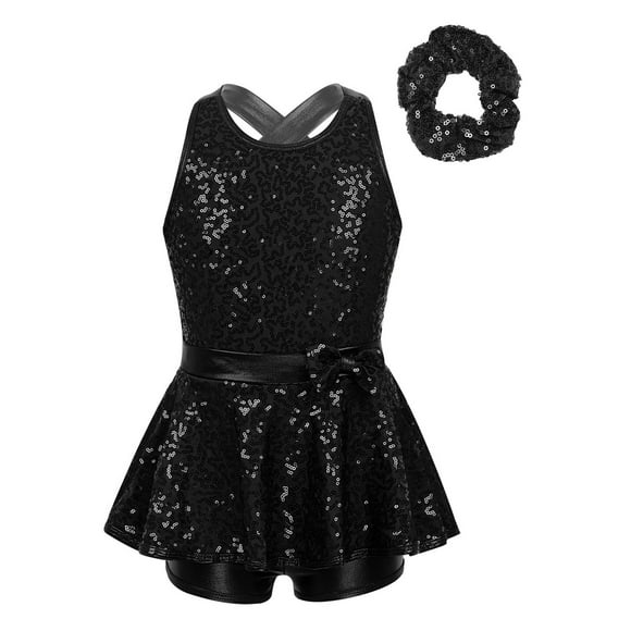 Yeahdor Kids Girls' Sparkle Sequins Latin Jazz Ballet Tutu Dress Performance Dancewear with Hair Tie Black 12