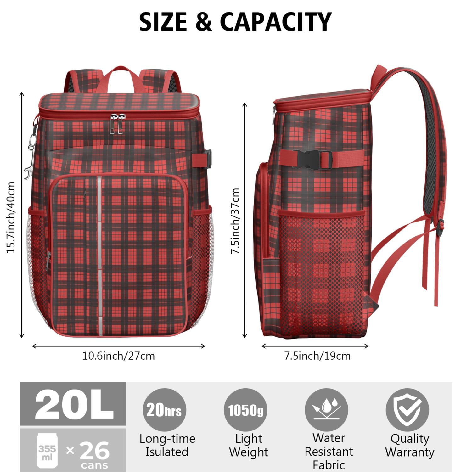 Travel Cooler Bag - Red and Black Christmas Plaid Pattern Camping Beer Cooler Backpack with Bottle Opener- Waterproof Insulated Picnic Backpacks - Cooler Bag for Beach