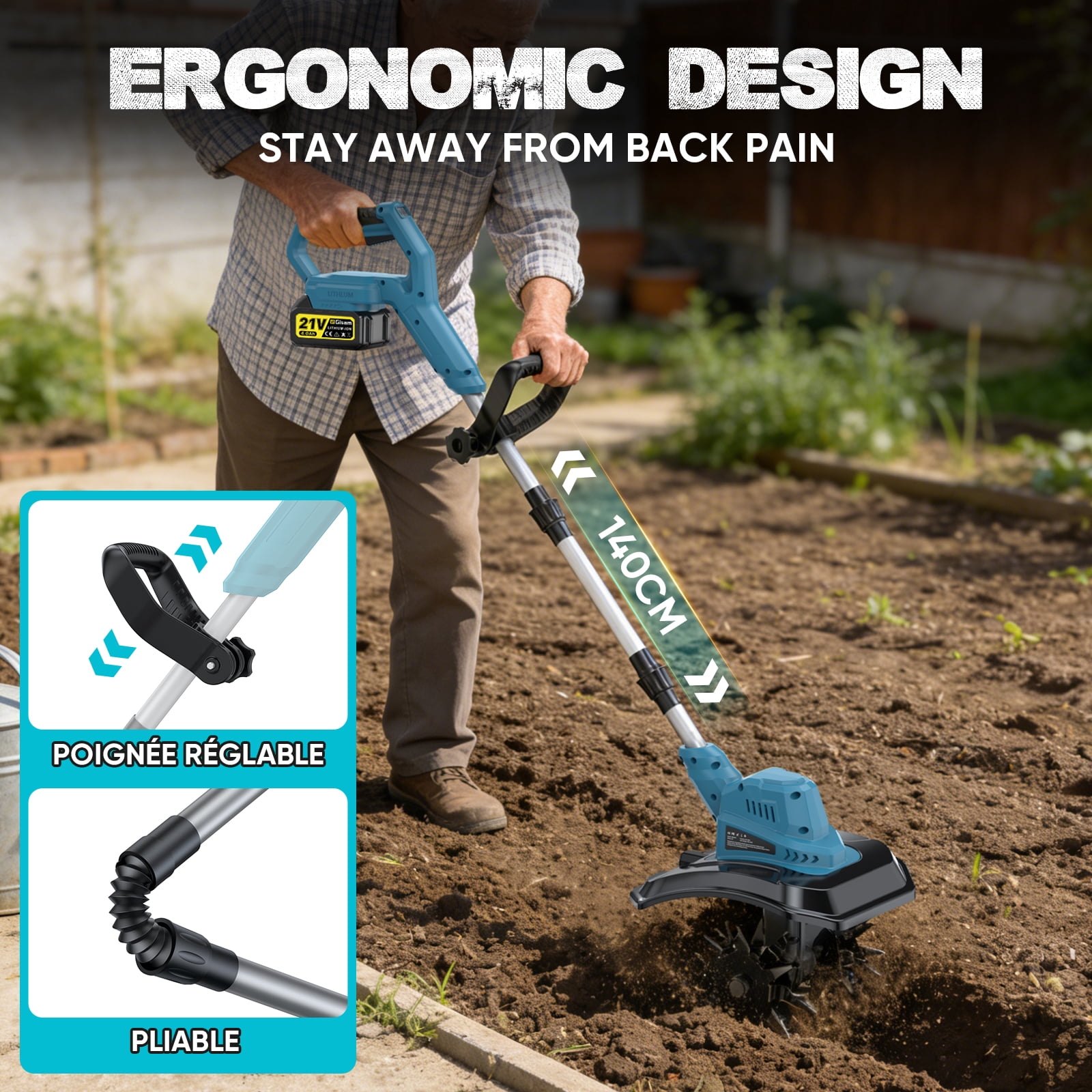 Gisam Cordless Tiller Cultivator, Electric Rototiller with 2x4.0Ah Battery and Charger, 9-inch Width 8.3-Inch Depth, Adjustable Foldable Handle, LED Power Display for Garden Soil Cultivation