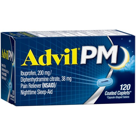 - Advil PM (120 Count) Pain Reliever / Nighttime Sleep Aid Coated Caplet, 200mg Ibuprofen, 38mg Diphenhydramine