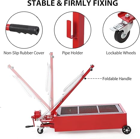20 Gallon Oil Drain Pan Oil Drain Tank, 76L Low Profile Oil Drain Pan, Large Capacity Oil Change Pan with Manual Pump & T Foldable Hand and Wheels, 8FT Hose Oil Drain Cart for Car, SUV, Trucks