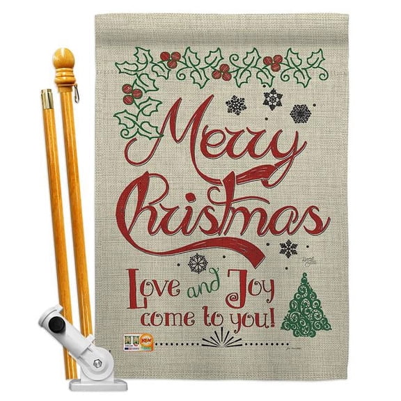 Breeze Decor BD-XM-HS-114167-IP-BO-D-US18-SB 28 x 40 in. Love & Joy Linen Winter Christmas Impressions Decorative Vertical Double Sided House Flag Set & Pole Bracket Hardware