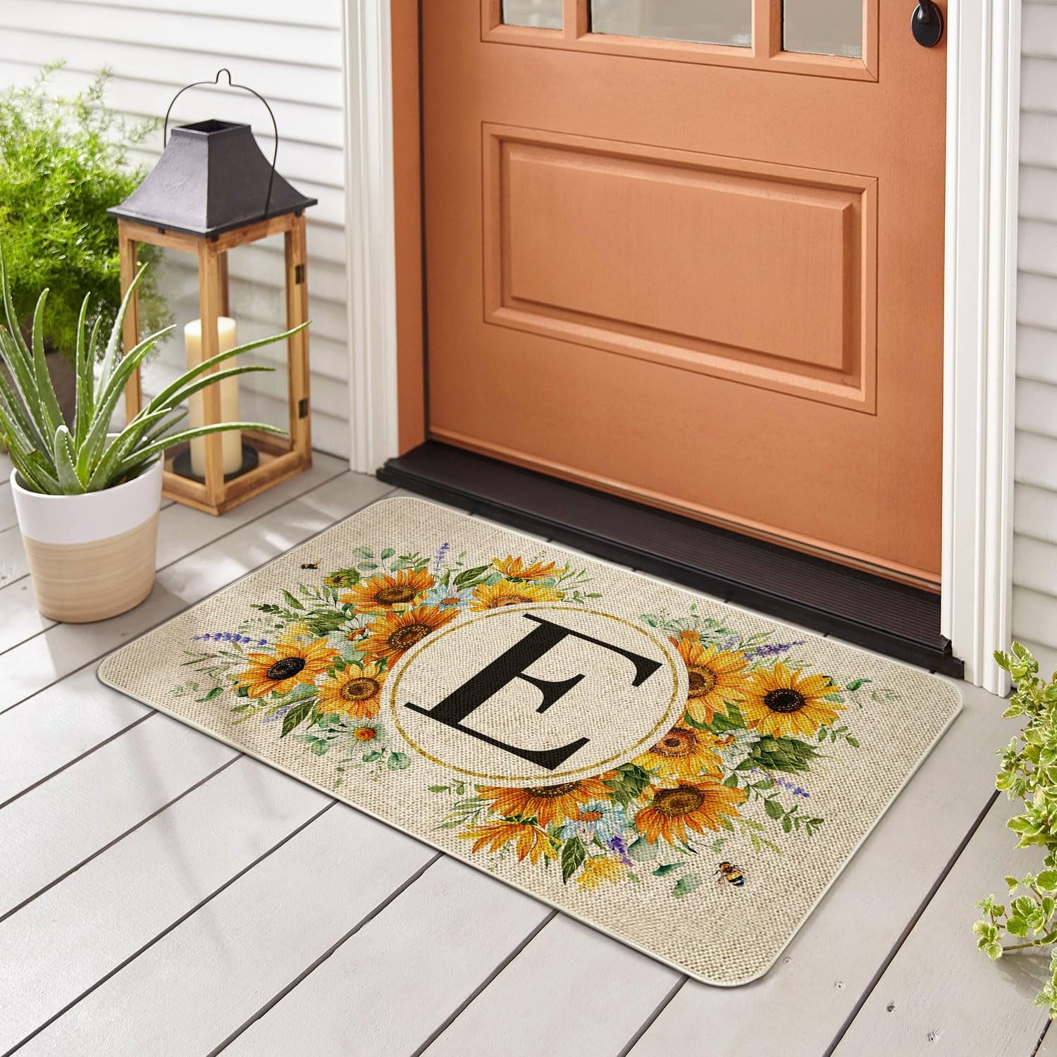 Summer Sunflower Monogram Letter E Door Mat 30 X 17 Inch Family Last Name Initial Welcome Doormat Indoor Outdoor Entrance Floor Rug Non Slip Spring Summer Decor Rubber Mats
