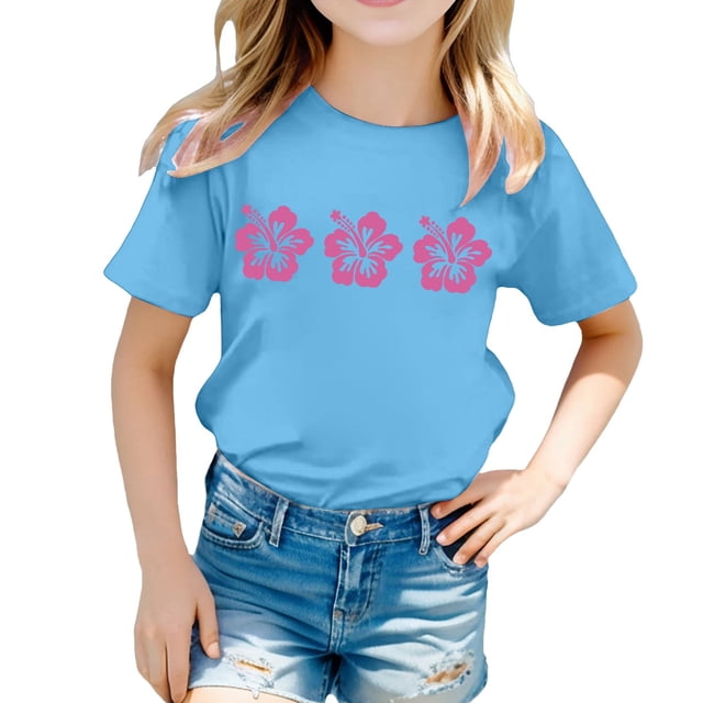 MEZZALL T-Shirt pour Filles, Imprimé Floral, Col Rond, Manches Courtes, T-Shirt Décontracté, Confortable, 3-4 Ans