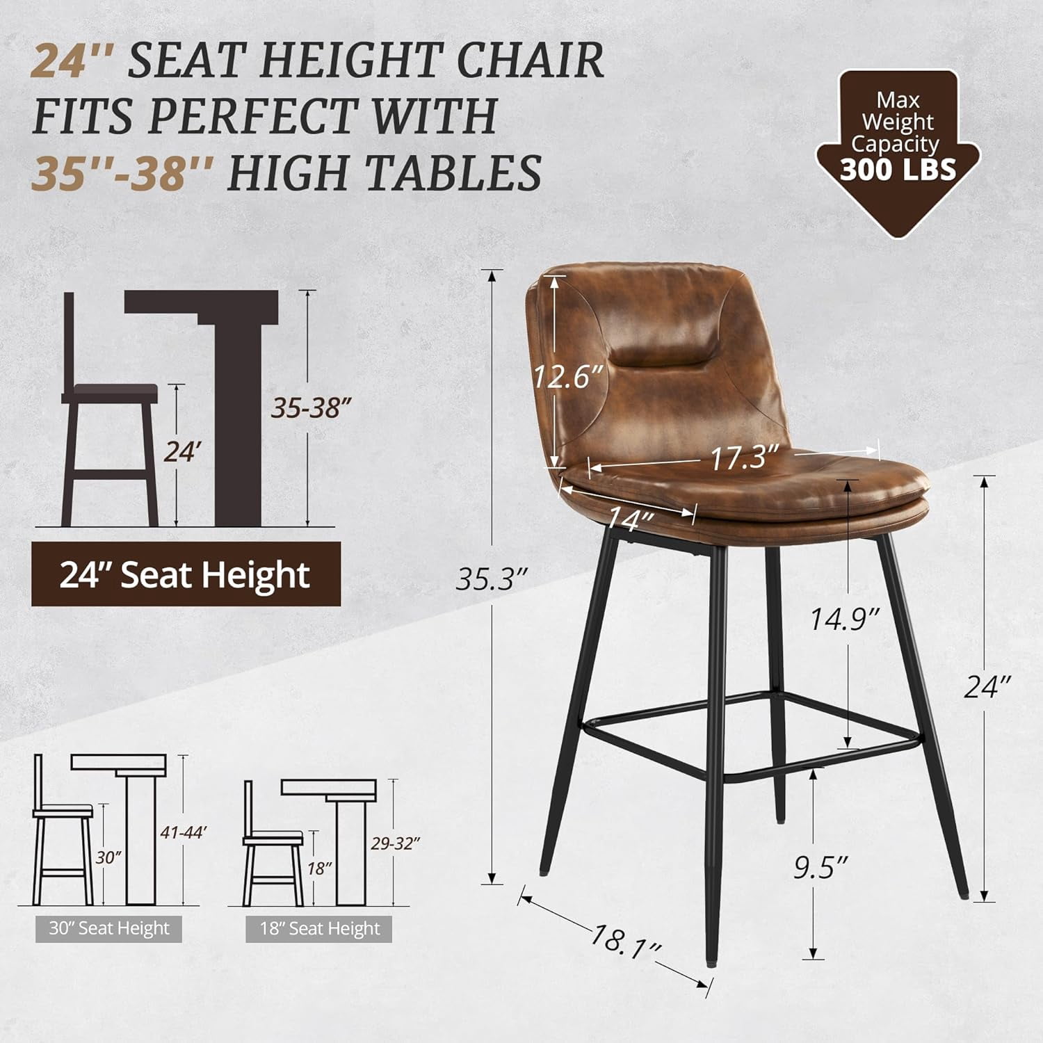 Dycanpo 24”H Bar Stools Set of 6, Double-Layer Upholstered, for Home Kitchen, Yellowish Brown