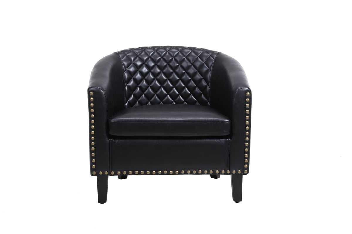 Modern Accent Barrel Chair Living Room Chair with Nailheads Trim and Solid Wood Legs,Upholstered PU Leather Armchair Mid-Century Leisure Lounge Chair Single Sofa Chair for Living Room Office,Black
