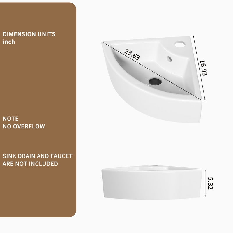 TICOZE Triangle Corner Wall Mounted Ceramic Vessel Sink, Space Saving Bathroom Sink Vanity Sink, White Gloss Ceramic Sink for Small Bathroom Powder Room