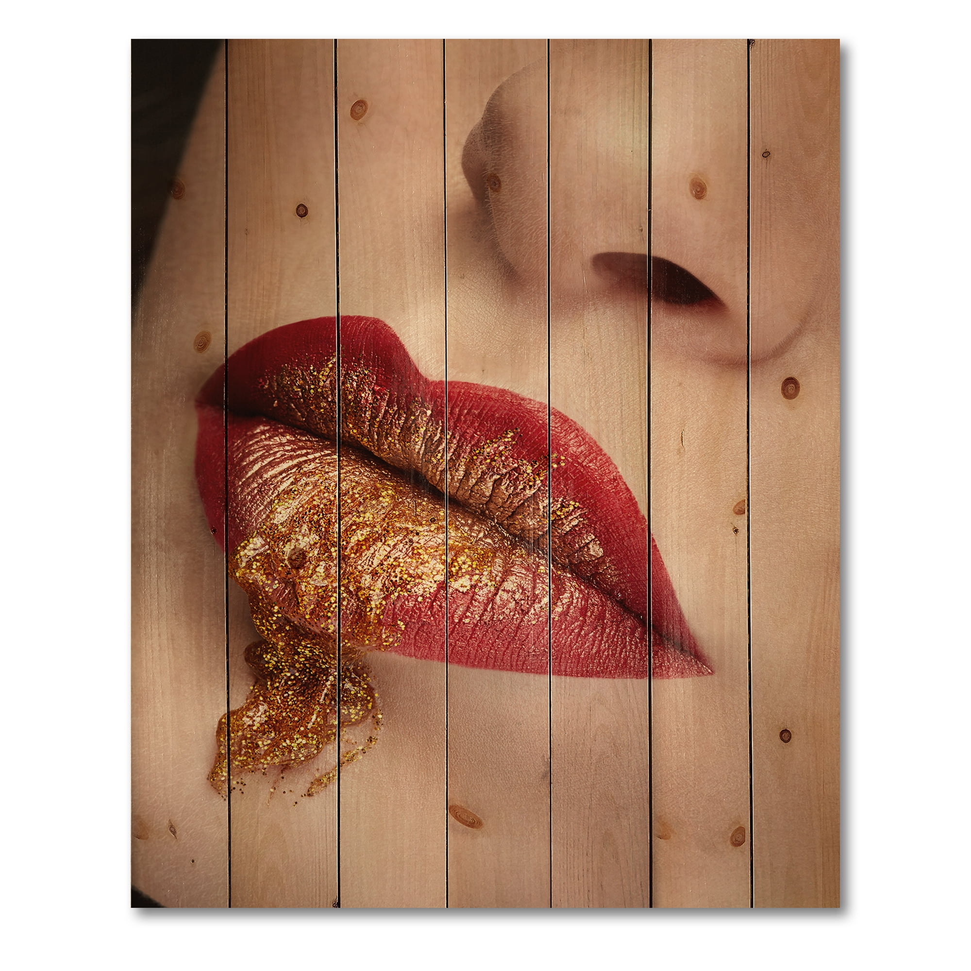 Designart 'Close Up Lips With Gold and Red Make Up' Modern Print on Natural Pine Wood