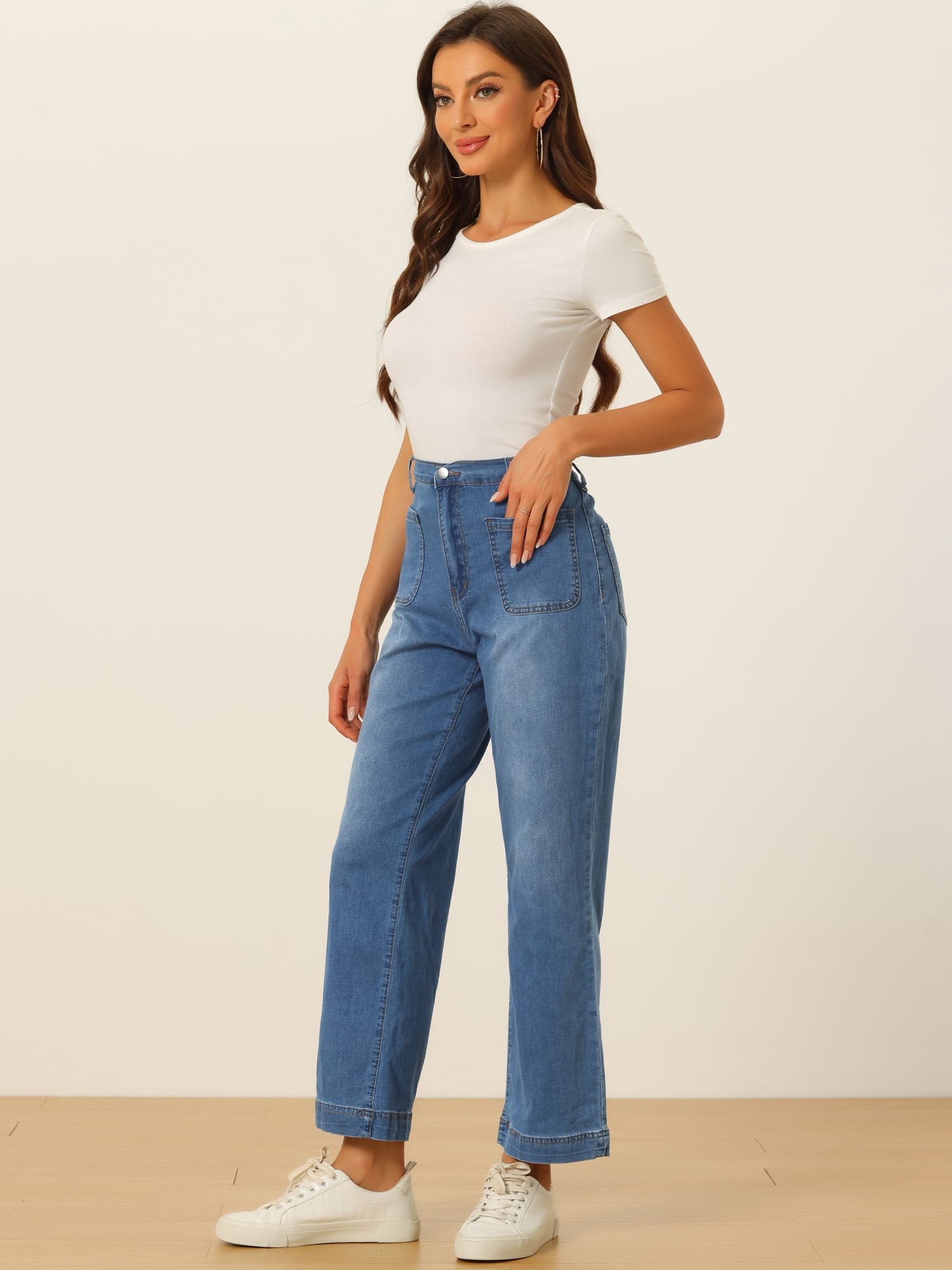 DARING DIVA Women's Wide High Waisted Stretchy Jeans Buttoned Denim Pants S Blue
