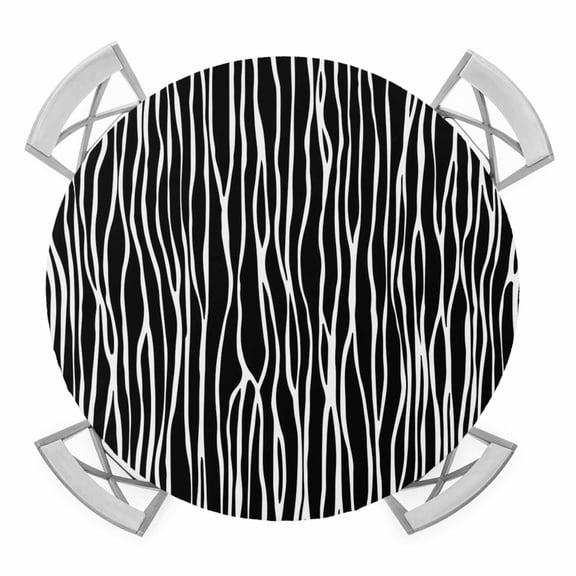 Elastic Fitted Round Tablecloth, Black Striped Waterproof Stretch Table Cover for 45"-54" Tables, Retro Wave Lines Texture Simple Washable Outdoor Tablecloths for Patio, Picnic, Camping