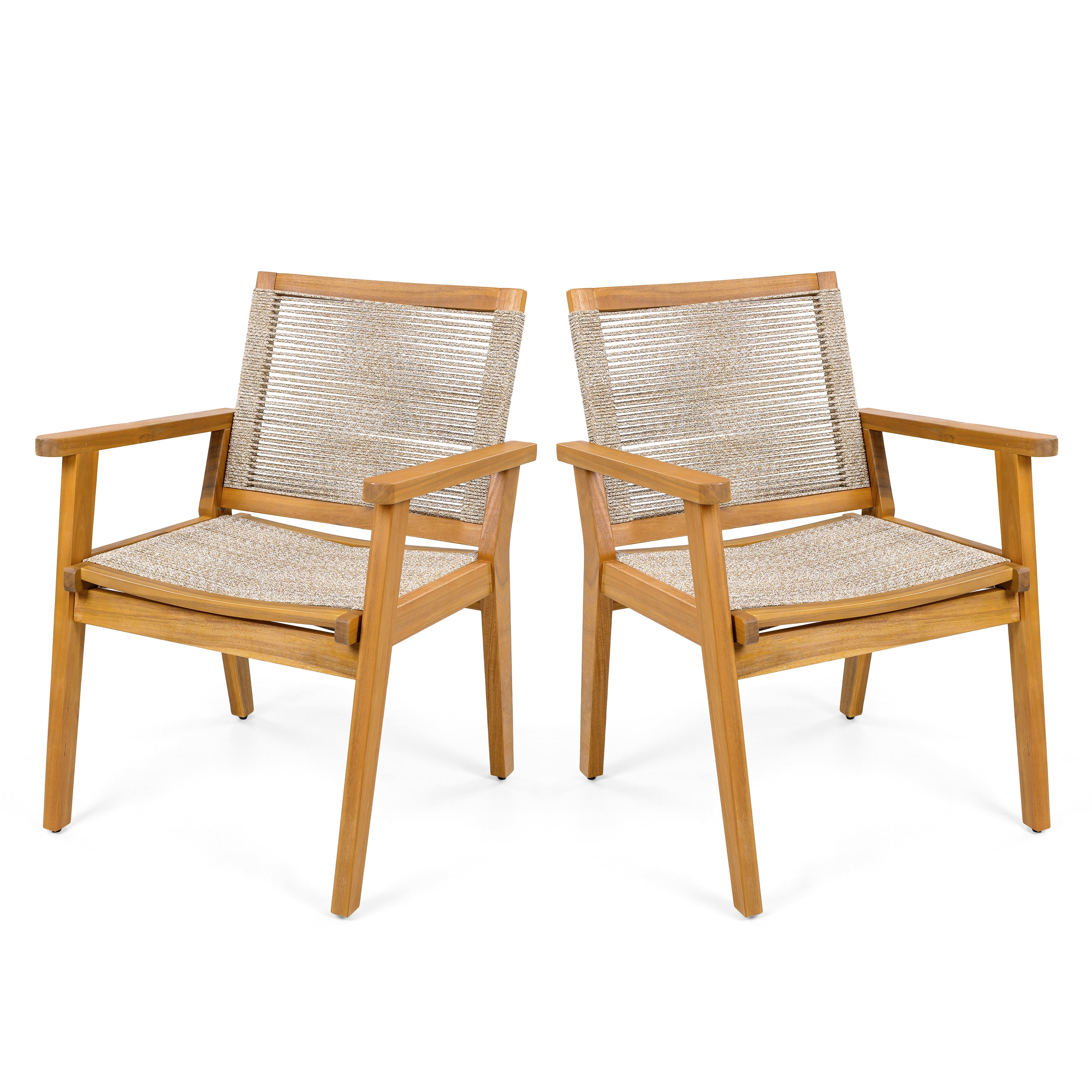 Outdoor Dining Chairs Set of 2, Teak Finish Wood Frame and Mix Brown Rope Natural Courtyard Style, Teak